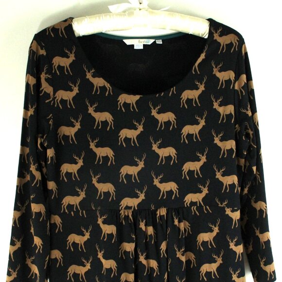 Boden Oh Deer Black Tan Deer Print Scoop Neckline Jersey Knit Dress US 10R - Picture 2 of 5
